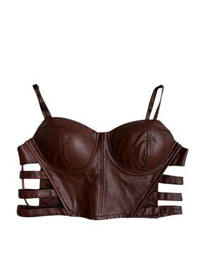 Say What Faux Leather Cut Out Bustier Crop Top (Mocha Brown) - Medium